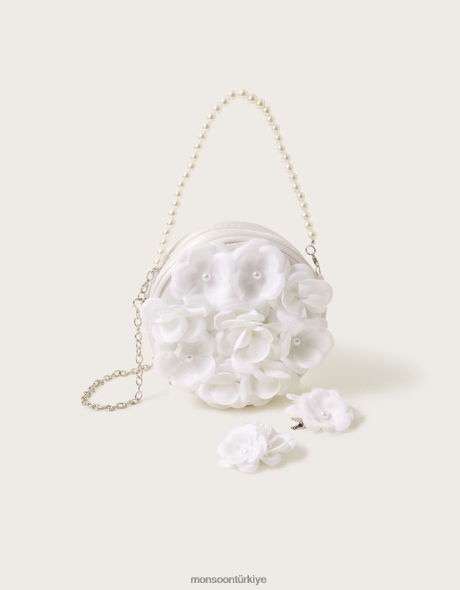 Monsoon kız inci ponpon çiçekli çanta ve saç tokası seti JH86BT2546 aksesuar moda