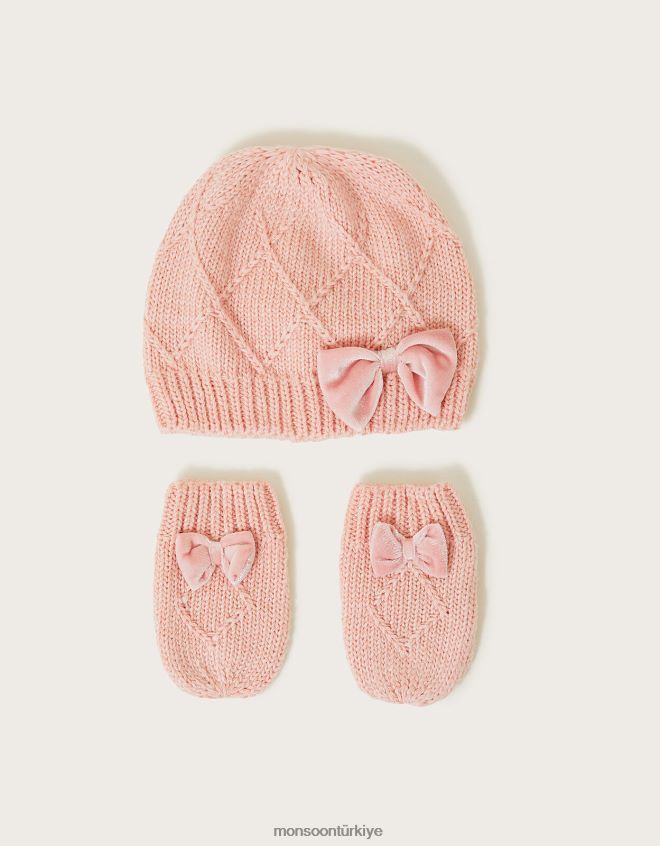Monsoon çocuklar Geri dönüştürülmüş polyesterden bebek şapkası ve eldiven seti JH86BT2821 aksesuar pembe