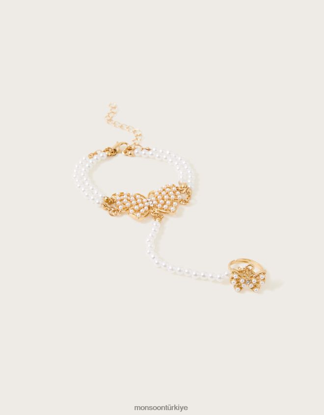 Monsoon kız inci kelebek bağlantılı bileklik ve yüzük seti JH86BT2470 aksesuar şık