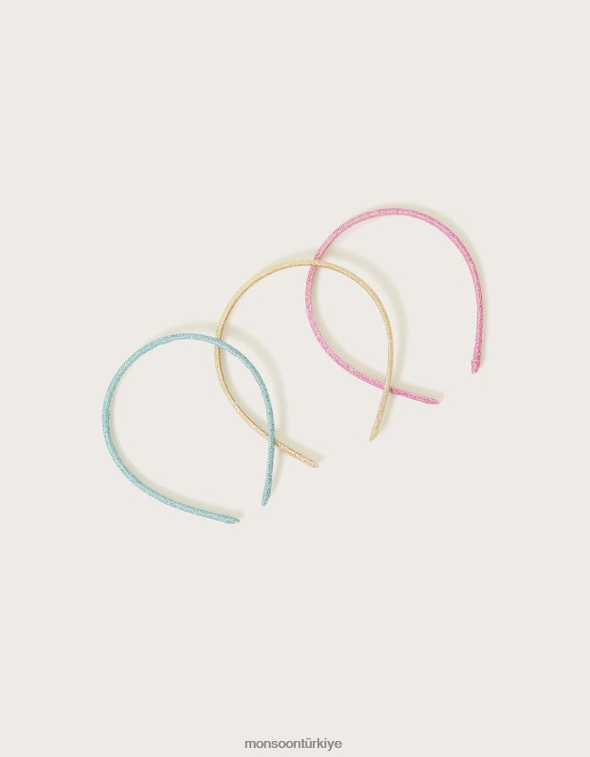 Monsoon kız ışıltılı gökkuşağı saç bantları üçlü set JH86BT2441 aksesuar şık