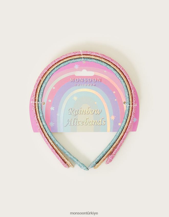 Monsoon kız ışıltılı gökkuşağı saç bantları üçlü set JH86BT2441 aksesuar şık