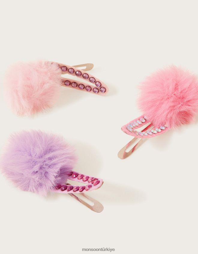 Monsoon kız mini suni kürk ponponlu saç tokası üçlü set JH86BT2519 aksesuar sıcak