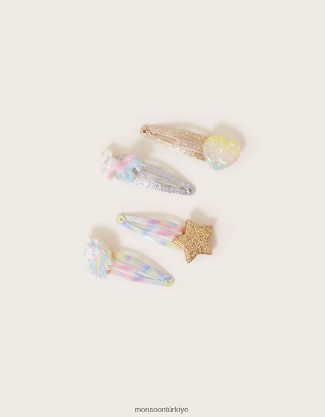 Monsoon kız puslu tek boynuzlu at saç tokası 4\'lü paket JH86BT2471 aksesuar zarif