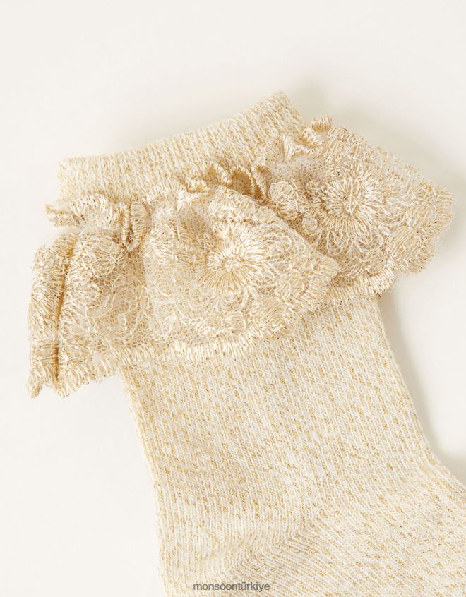 Monsoon kız bebek ışıltılı çiçek süslemeli çoraplar JH86BT2686 aksesuar altın