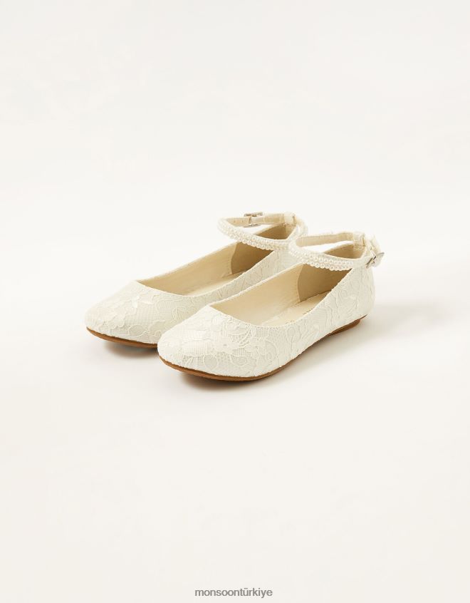 Monsoon kız dantel inci balerin daireler JH86BT2812 ayakkabı fildişi