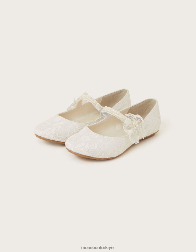 Monsoon kız dantel inci kayış balerin daireleri JH86BT2391 ayakkabı fildişi