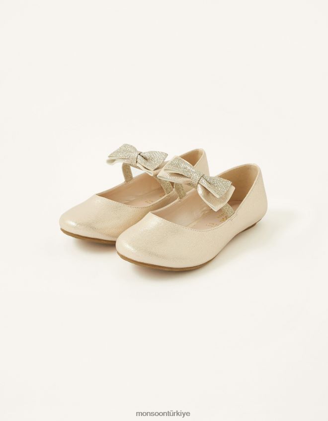 Monsoon kız dokulu fiyonklu balerin daireleri JH86BT2808 ayakkabı altın