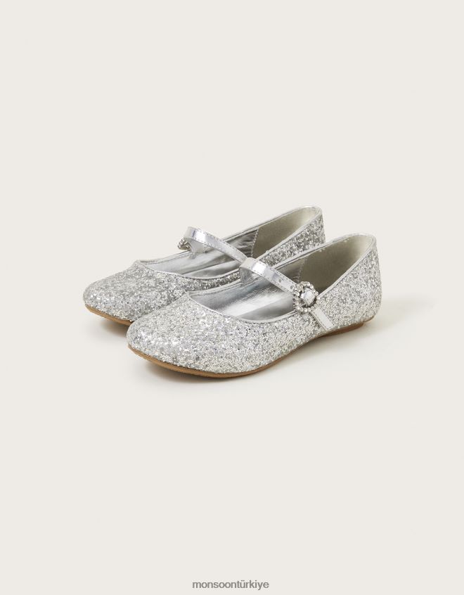 Monsoon kız ışıltılı toz balerin daireleri JH86BT1810 ayakkabı gümüş