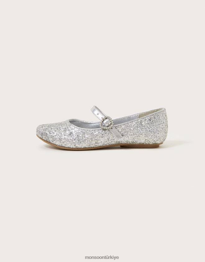 Monsoon kız ışıltılı toz balerin daireleri JH86BT1810 ayakkabı gümüş