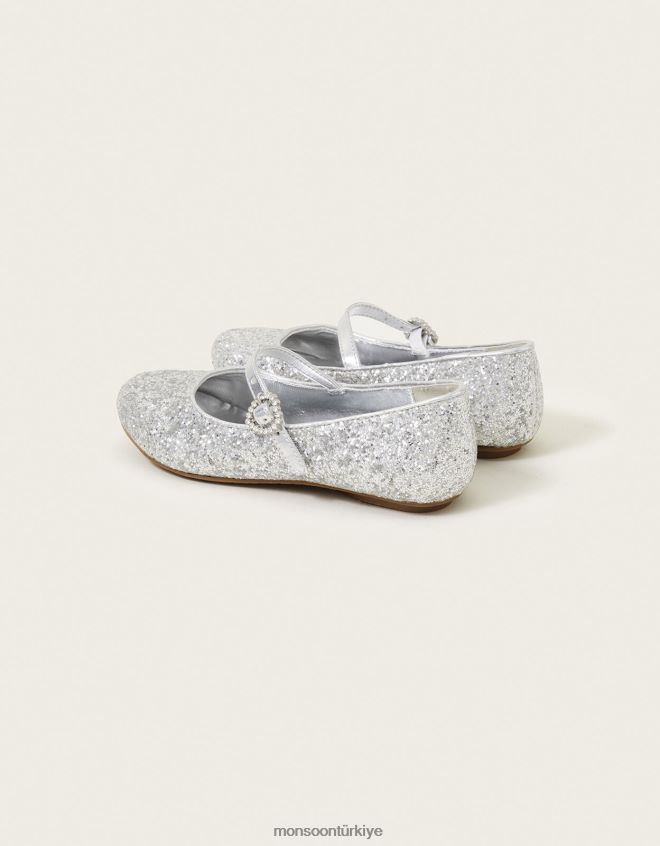 Monsoon kız ışıltılı toz balerin daireleri JH86BT1810 ayakkabı gümüş