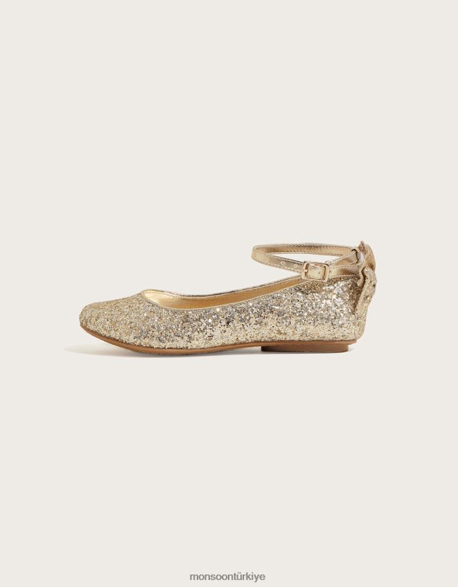 Monsoon kız parıltılı fiyonklu balerin daireleri JH86BT2386 ayakkabı altın