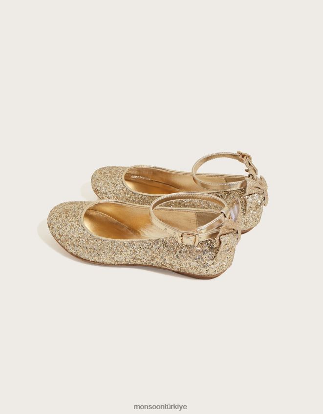 Monsoon kız parıltılı fiyonklu balerin daireleri JH86BT2386 ayakkabı altın