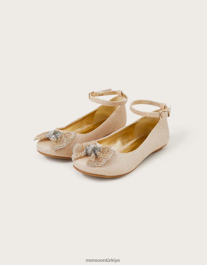 Monsoon kız polly parıltılı fiyonklu balerin daireleri JH86BT2299 ayakkabı altın