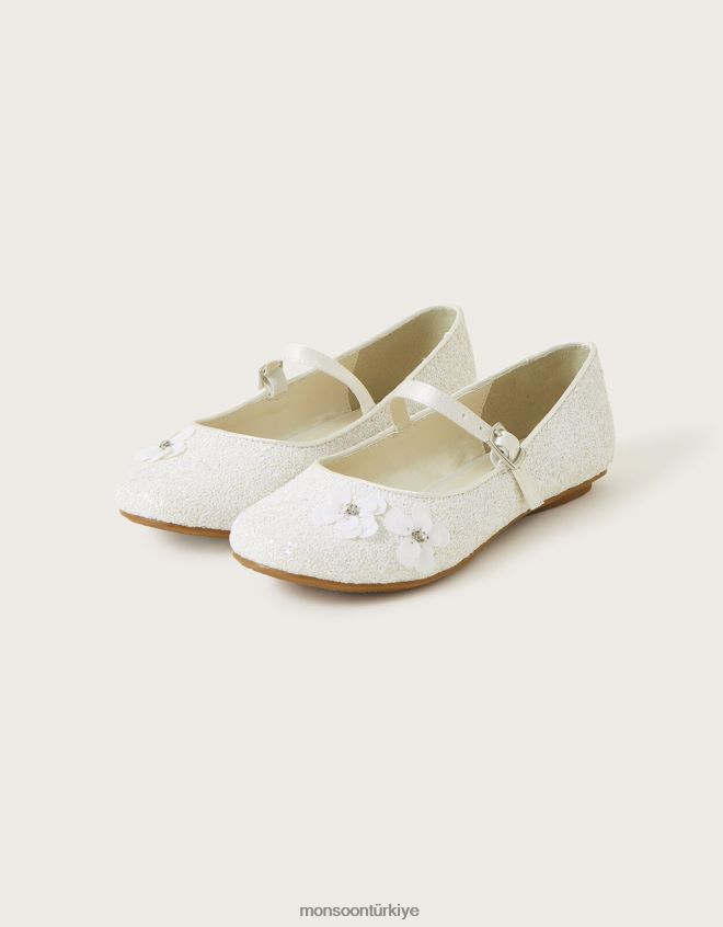 Monsoon kız pullu çiçek parıltılı balerin daireleri JH86BT2298 ayakkabı fildişi