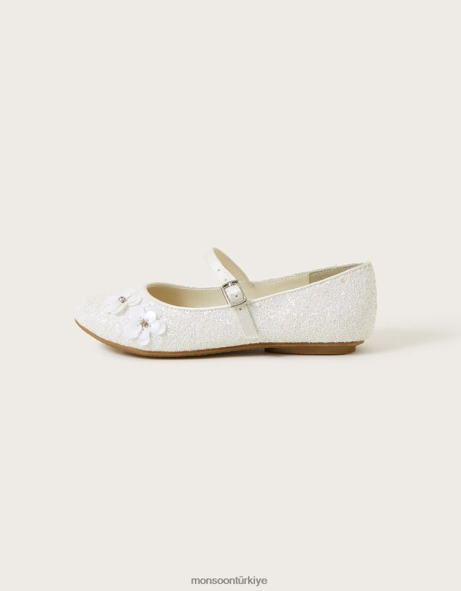 Monsoon kız pullu çiçek parıltılı balerin daireleri JH86BT2298 ayakkabı fildişi