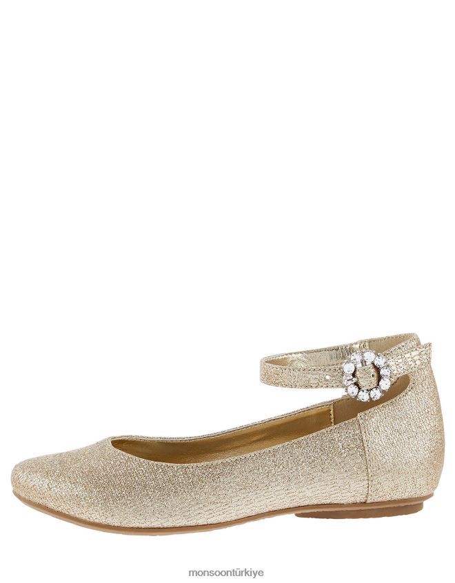Monsoon kız süslenmiş tokalı metalik balerin ayakkabıları JH86BT2351 ayakkabı altın