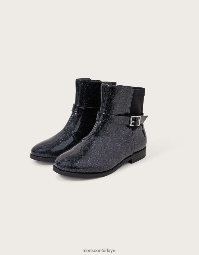 Monsoon kız patentli parıltılı fiyonklu çizmeler JH86BT2350 ayakkabı siyah