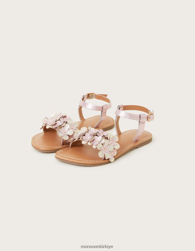 Monsoon kız deri çiçek fırfırlı sandaletler JH86BT2353 ayakkabı pembe