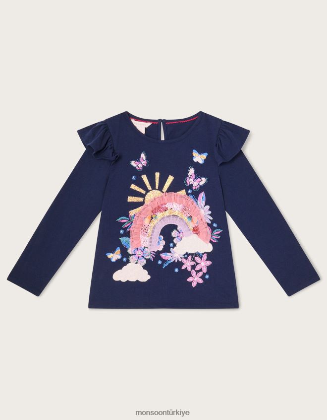 Monsoon kız gökkuşağı uzun kollu üst JH86BT1620 Giyim Mavi Donanma)