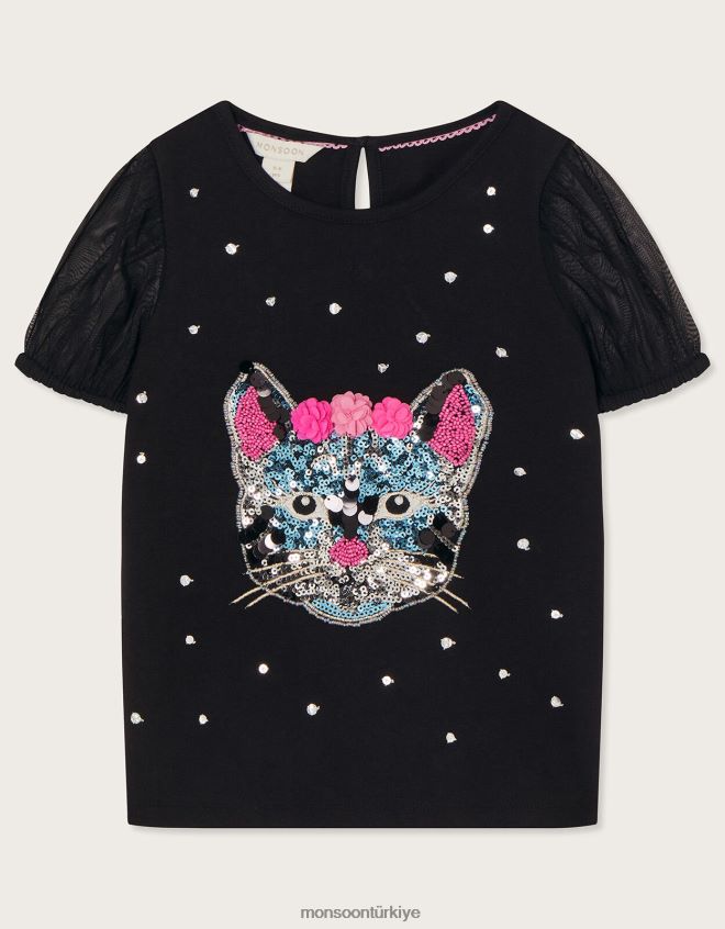 Monsoon kız kedi tişört JH86BT1721 Giyim siyah
