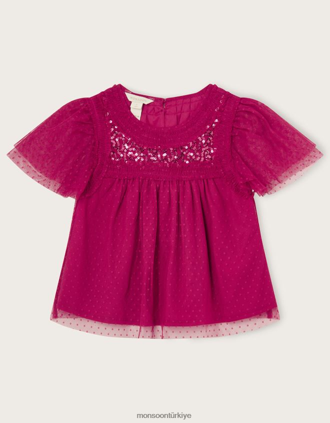 Monsoon kız parti pullu süslenmiş üst JH86BT1890 Giyim pembe (parlak pembe)
