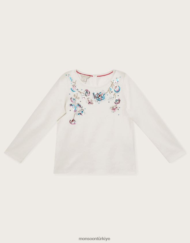 Monsoon kız pullu çiçekli uzun kollu üst JH86BT1766 Giyim fildişi