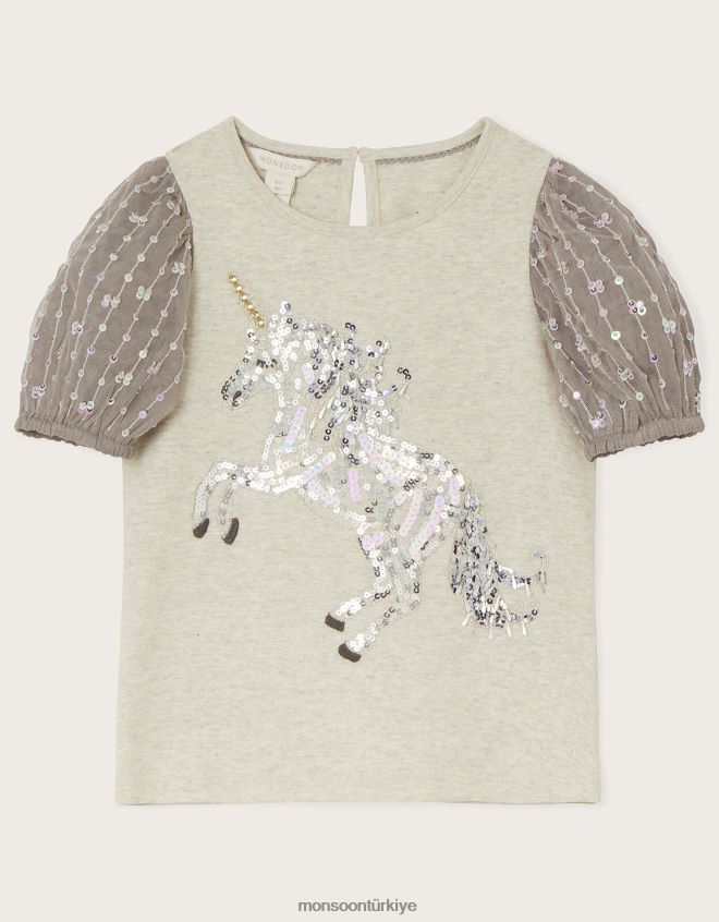 Monsoon kız pullu tek boynuzlu at puf kollu üst JH86BT1726 Giyim gri