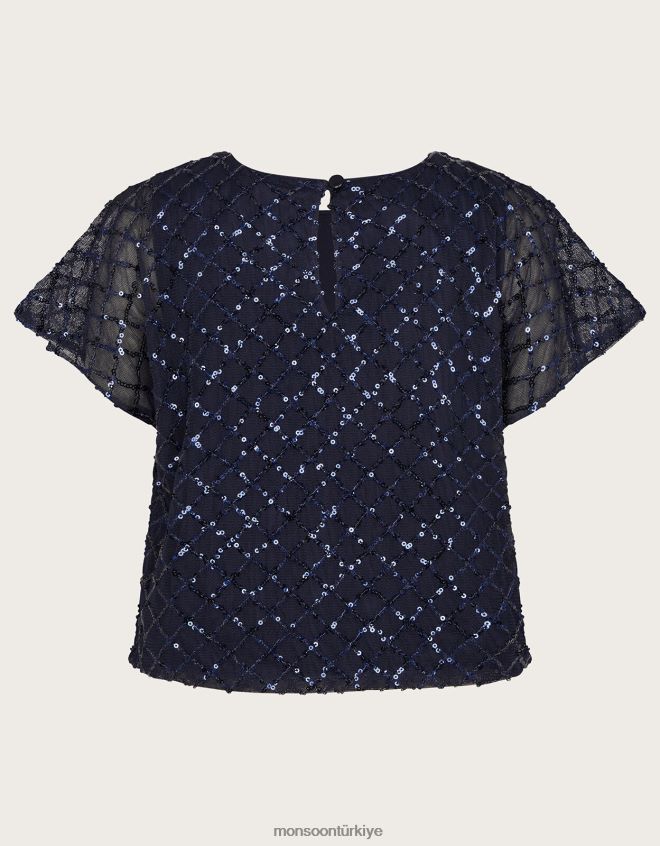 Monsoon kız volan kollu pullu üst JH86BT1771 Giyim Mavi Donanma)