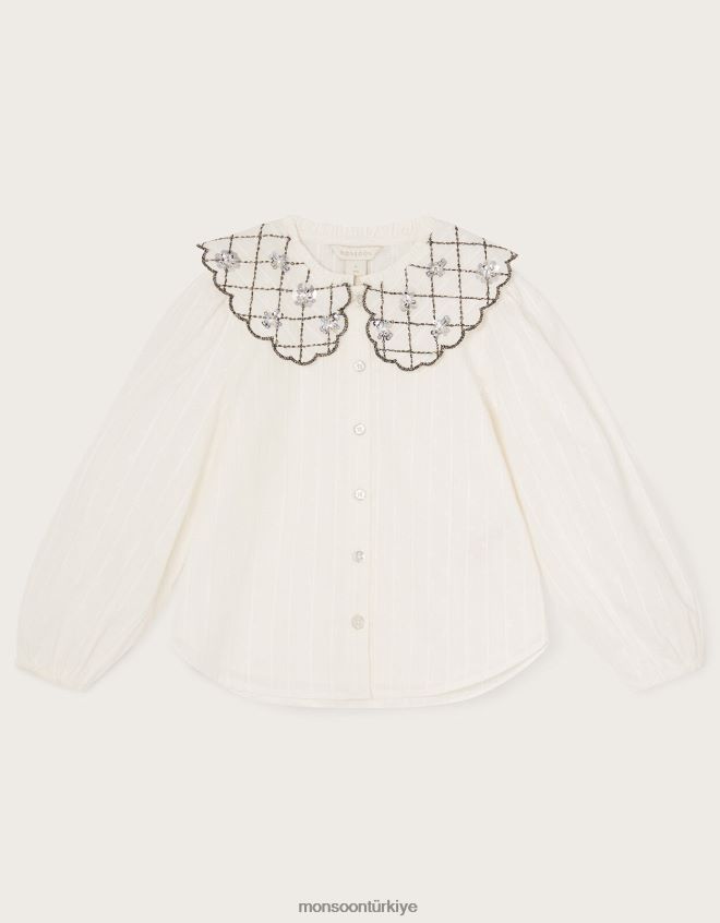 Monsoon kız yakası işlemeli bluz JH86BT1713 Giyim fildişi