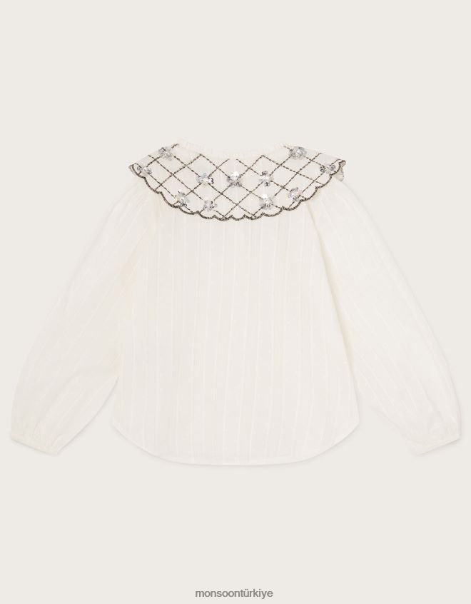 Monsoon kız yakası işlemeli bluz JH86BT1713 Giyim fildişi