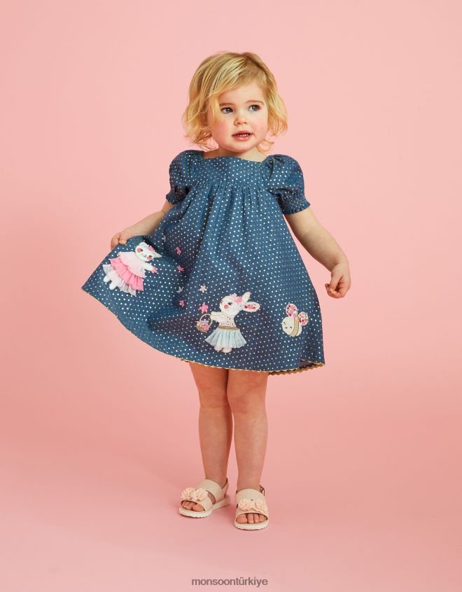 Monsoon kız bebek folyo nokta karakter chambray elbise JH86BT2142 Giyim mavi