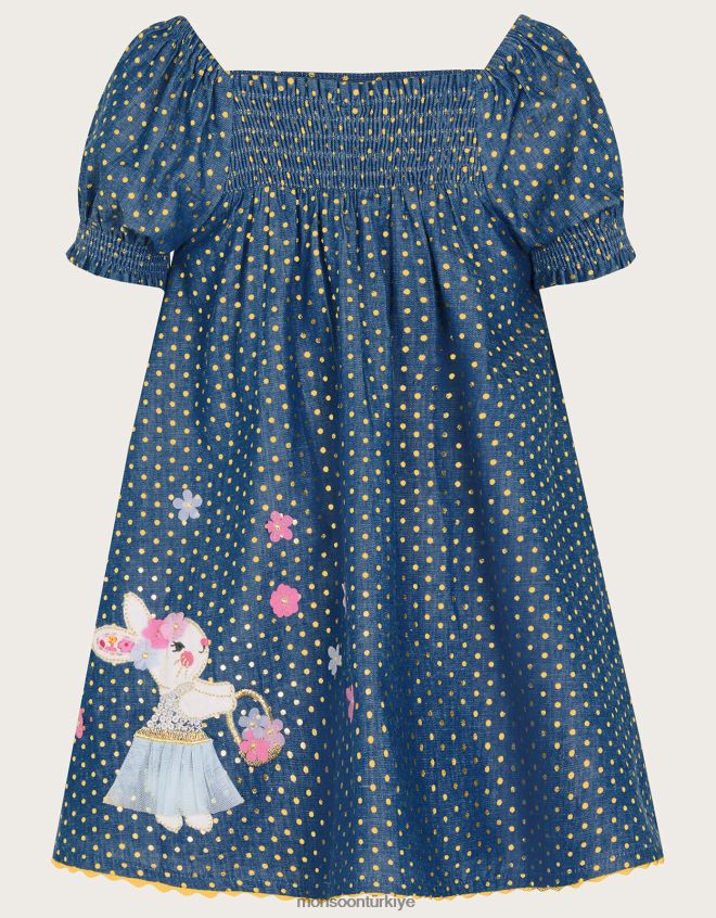Monsoon kız bebek folyo nokta karakter chambray elbise JH86BT2142 Giyim mavi