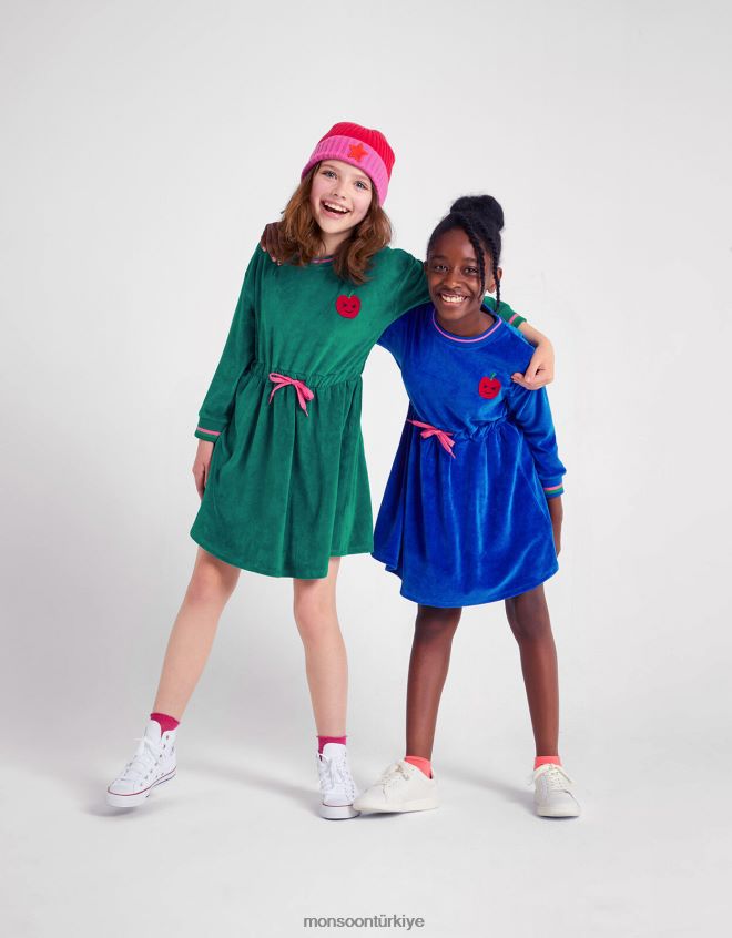 Monsoon kız beli bağlamalı kadife elbise JH86BT1646 Giyim yeşil