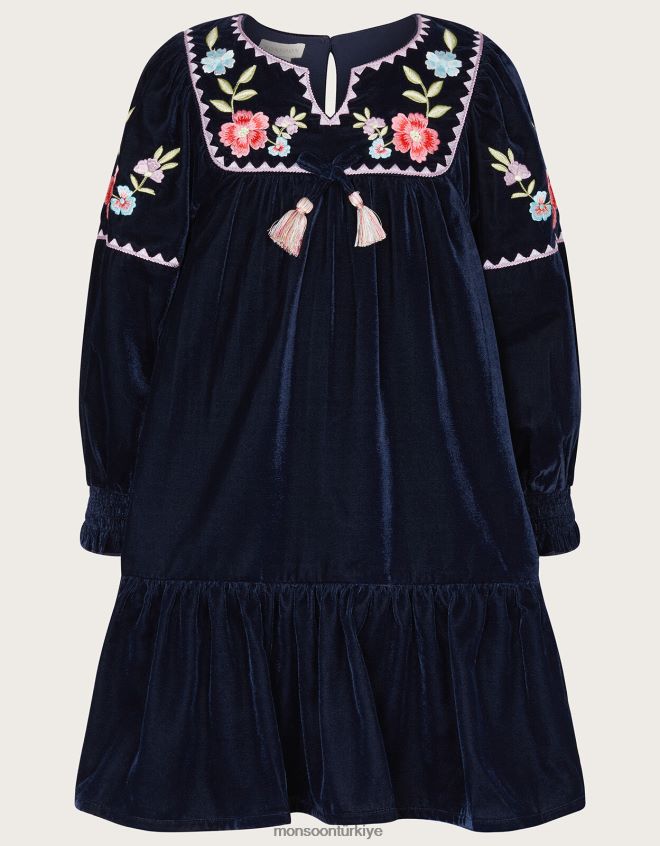 Monsoon kız butik kadife boho elbise JH86BT1718 Giyim Mavi Donanma)