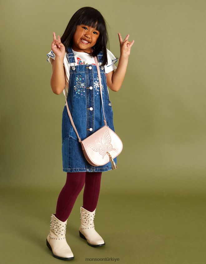 Monsoon kız değerli taşlarla süslenmiş denim mini elbise JH86BT1758 Giyim mavi