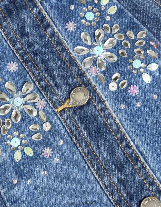 Monsoon kız değerli taşlarla süslenmiş denim mini elbise JH86BT1758 Giyim mavi