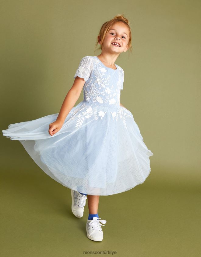 Monsoon kız emmy işlemeli tül parti elbisesi JH86BT1569 Giyim mavi