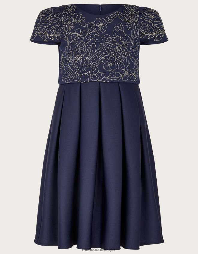 Monsoon kız çiçek işlemeli scuba elbise JH86BT1787 Giyim Mavi Donanma)