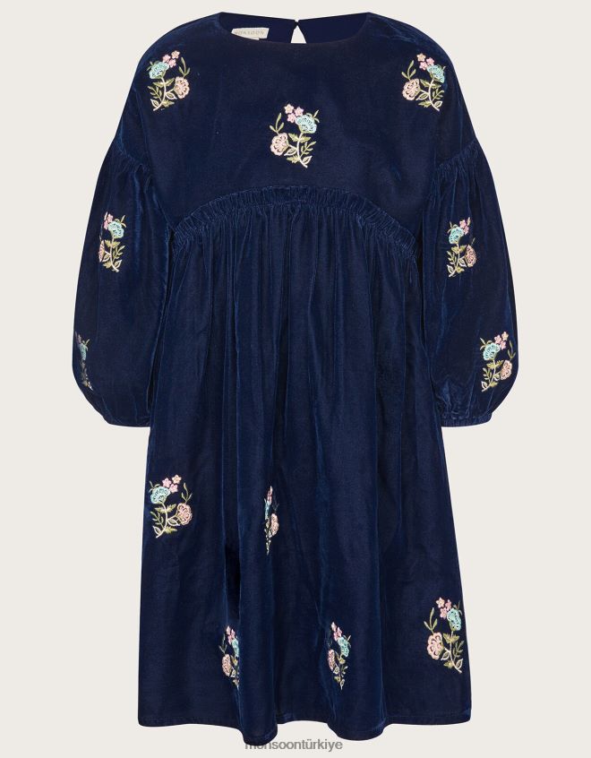 Monsoon kız işlemeli kadife elbise JH86BT1693 Giyim Mavi Donanma)