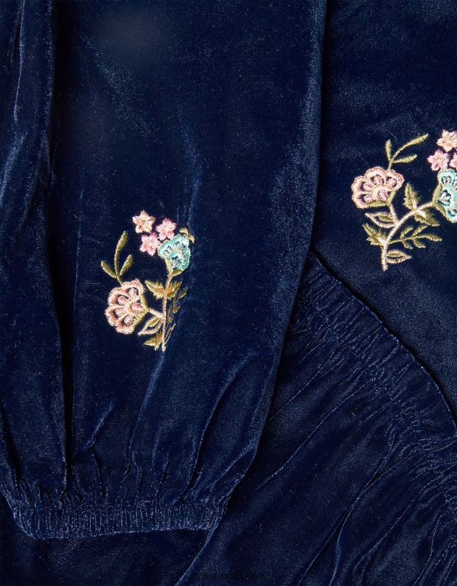 Monsoon kız işlemeli kadife elbise JH86BT1693 Giyim Mavi Donanma)