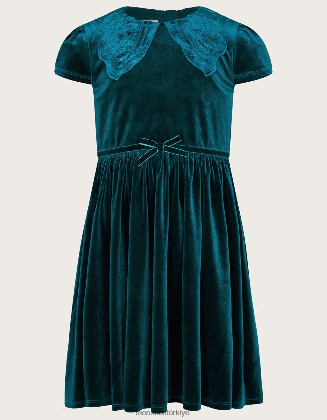 Monsoon kız kadife kelebek yaka elbise JH86BT1653 Giyim yeşil