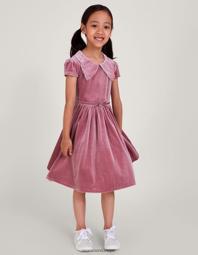 Monsoon kız kadife kelebek yaka elbise JH86BT1680 Giyim pembe (koyu pembe)