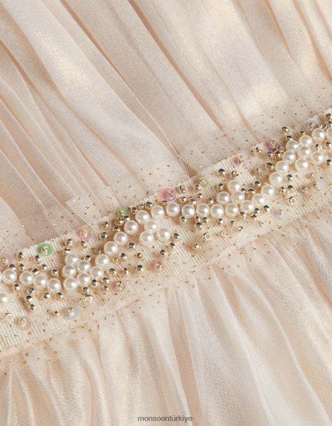 Monsoon kız merak diyarı ışıltılı organze boncuklu kemerli elbise JH86BT1861 Giyim doğal (şampanya)