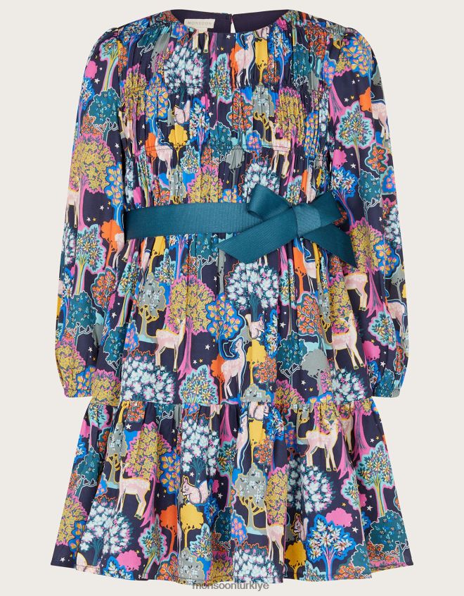 Monsoon kız ormanlık baskı elbise JH86BT1759 Giyim mavi