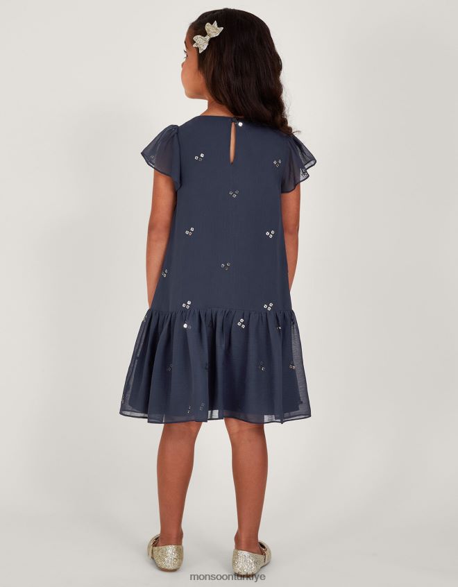 Monsoon kız pullu şifon parti elbisesi JH86BT1733 Giyim Mavi Donanma)