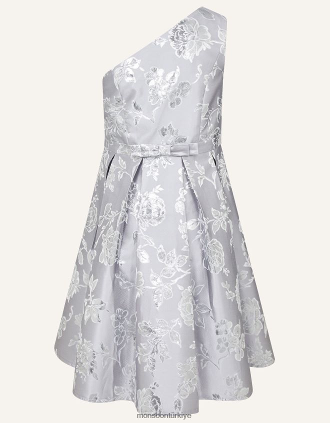Monsoon kız tek omuz çiçekli jakarlı balo elbisesi JH86BT2044 Giyim gümüş