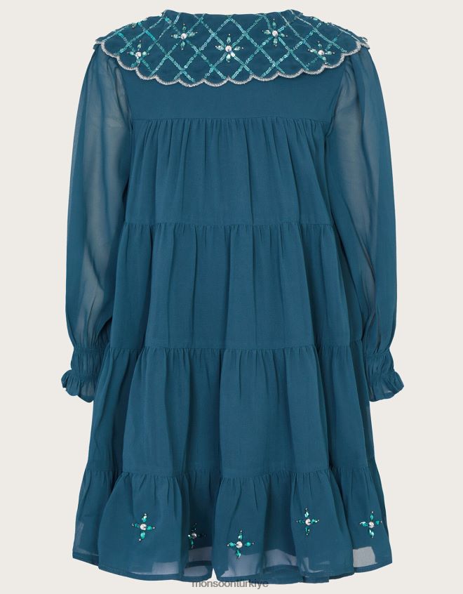 Monsoon kız yakası işlemeli elbise JH86BT1756 Giyim turkuaz