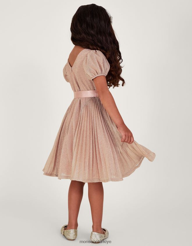 Monsoon kız yaldızlı gül pilili parti elbisesi JH86BT1769 Giyim pembe