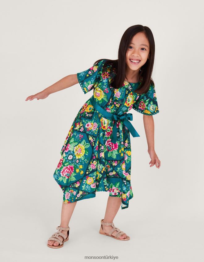 Monsoon kız yama işi desenli mendilli etekli elbise JH86BT1770 Giyim turkuaz