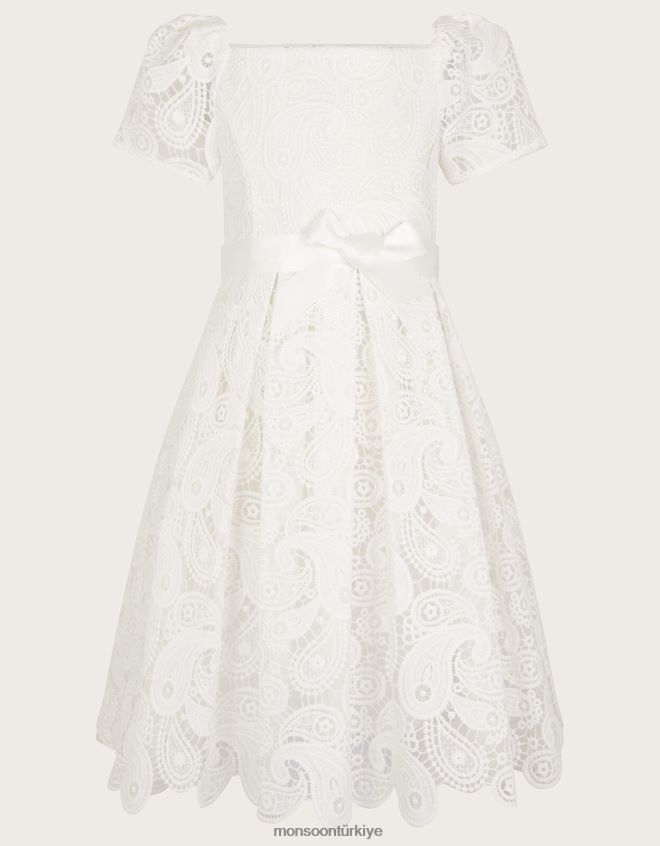 Monsoon çocuklar gipür dantel kare yaka elbise JH86BT2766 Giyim fildişi